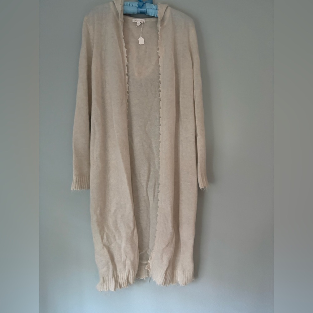 Minnie Rose Cream ivory notched edge hooded open Cardigan duster